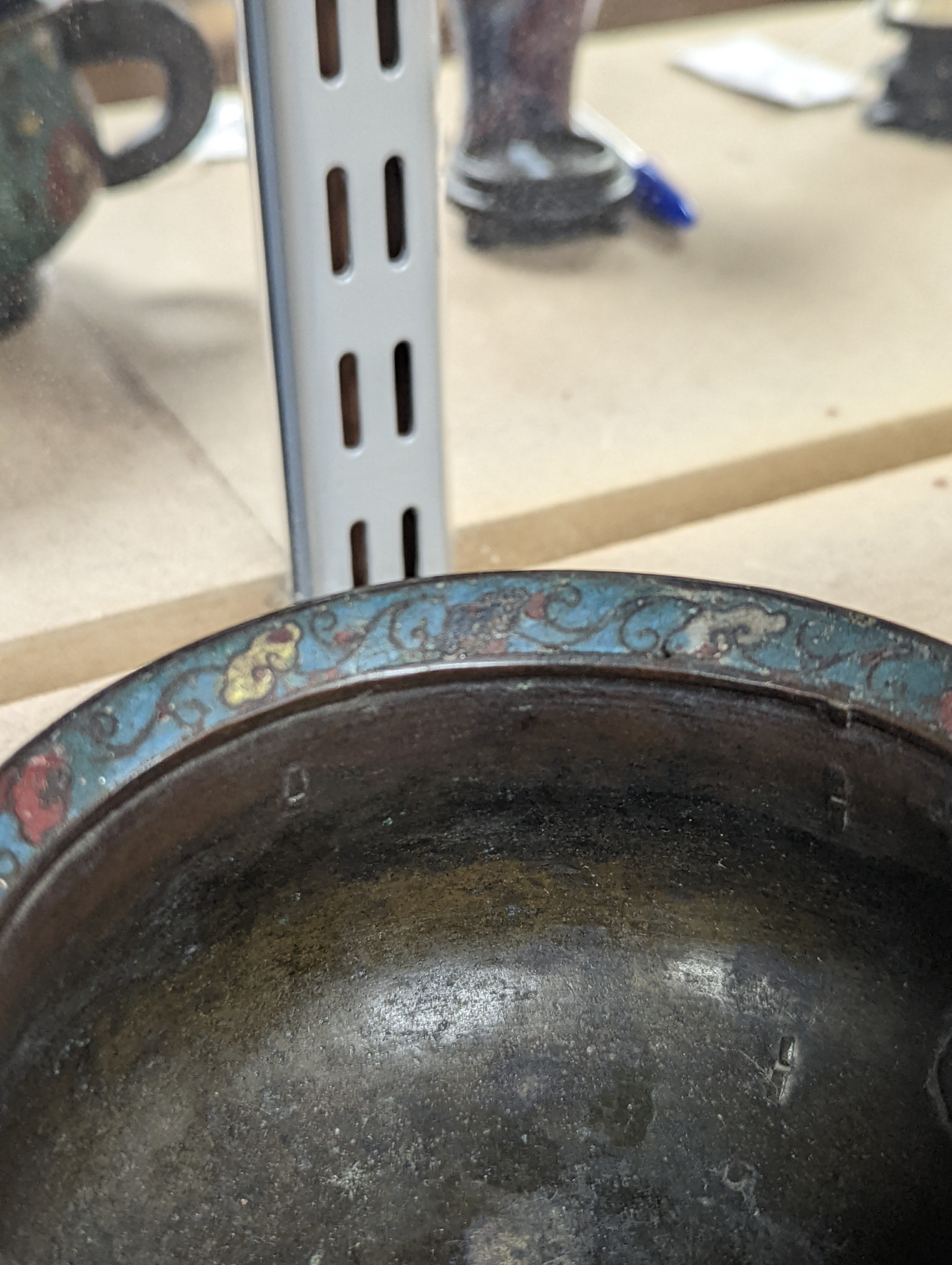 A Chinese late Ming dynasty bronze and cloisonné enamel ding censer 18cm